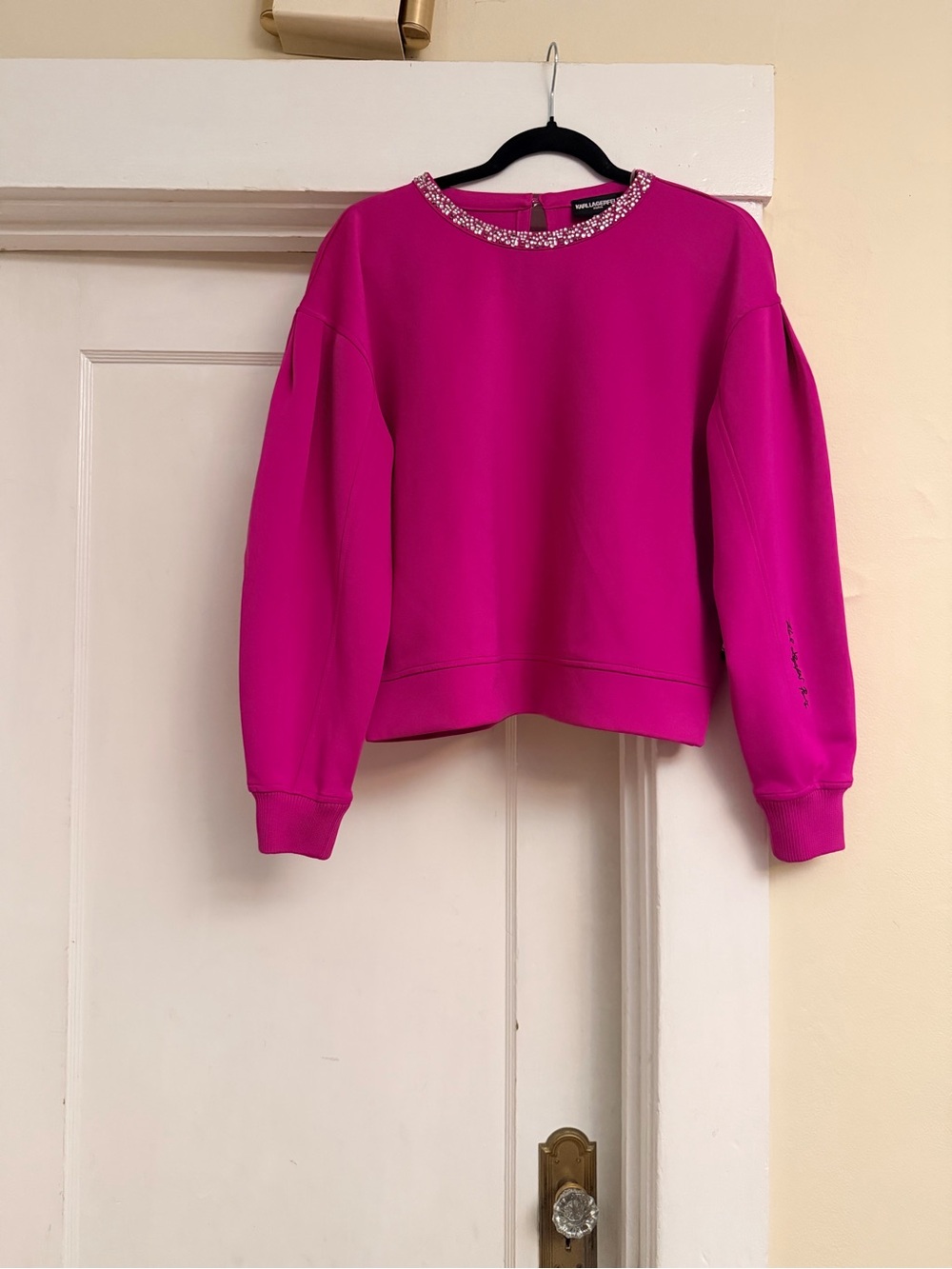 NWT Karl Lagerfeld Paris Crystal Neck Scuba Knit Top Pink S
